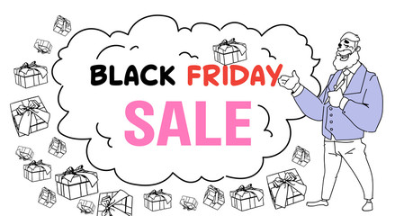 Man point chat bubble cloud black friday presentation concept sketch doodle horizontal