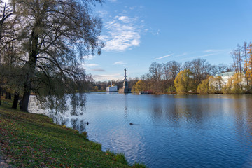 A autumn view of Chesme Column and Turkish Bath pavilion, Pushkin, St Petersburg