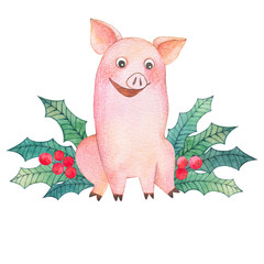 Watercolor funny piglet