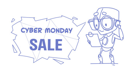 cyber monday sale cute robot hold clipboard checklist artificial intelligence assistance concept sketch doodle horizontal