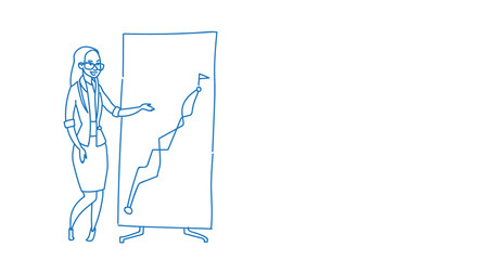 Businesswoman point flip chart seminar training conference brainstorming presentation financial graph sketch doodle horizontal vector illustration