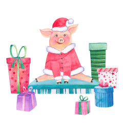 Watercolor funny piglet