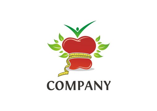 Healthy food logo / red apple with measuring tape, leaves, and human icon
