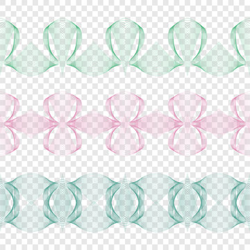Guilloche. Edge, border, frame. Set. Design element. Can be used for diploma, certificate, banknotes. On a transparent background. Seamless