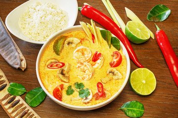 Chinese, Vietnamese soup, tom yam, pho, on wooden background, top view