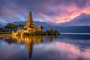 Ancient Pura Ulun Danu Bratan temple reflection with colorful sky at sunrise © Mumemories