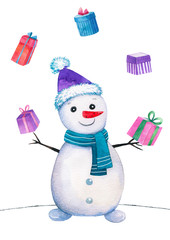 Watercolor funny snowman