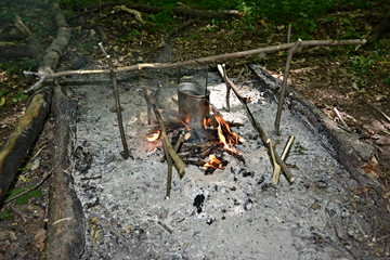 Forest camping pot on the fire.