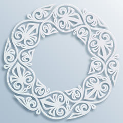 Paper style round white frame, vignette. Vector geometric border, bas-relief Elegant decoration, ornament, ethnic motif, traditional art. Element for greeting cards, poster, flyer, invitation template
