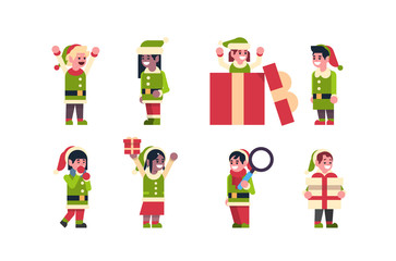 set mix race elves girl boy santa claus helper collection merry christmas holiday new year concept flat isolated horizontal