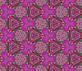 Seamless hexagonal pattern from circular abstract geometrical ornaments multicolored in lilac shades on a dark background. Vector illustration. Suitable for fabric, wallpaper and wrapping paper