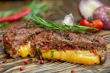 Grilled steak on wooden board