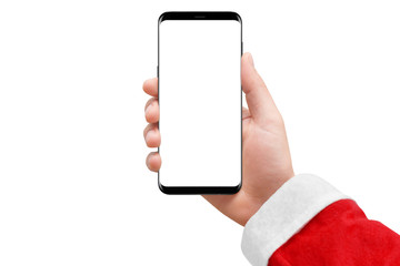 Isolated Santa's hand holding phone with empty screen on white background, mockup