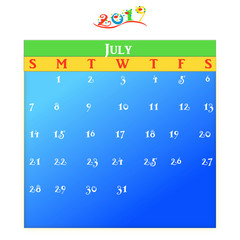July - A monthly calendar for year 2019