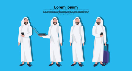 Arabic business people group standing together wearing traditional clothes assignment concept arab businessmen blue background horizontal copy space full length flat