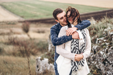 Romantic happy couple enjoy spending time together outdoor.