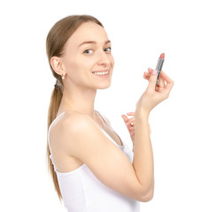 Beautiful woman beauty fashion lipstick in hand on white background isolation.