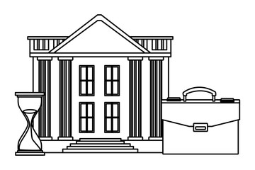 Bank building with briefcase and hourglass black and white