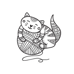 Vector illustration of cute cat laying on yarn  ball coloring