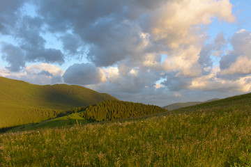 Sunrise in the mountains in the summer.