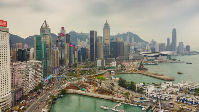 famous cityscape harbor bay construction aerial timelapse panorama 4k hong kong

