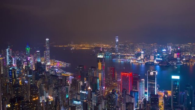 night illumination famous downtown cityscape aerial timelapse panorama 4k hong kong
