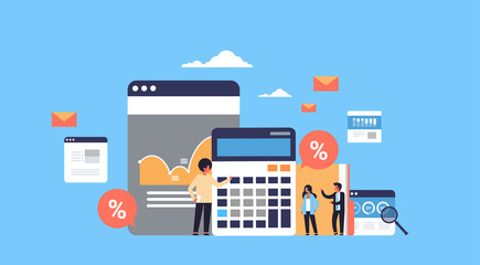 business people graph finance analysis calculator working together brainstorming concept flat horizontal