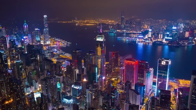 night illumination famous harbor cityscape aerial timelapse panorama 4k hong kong

