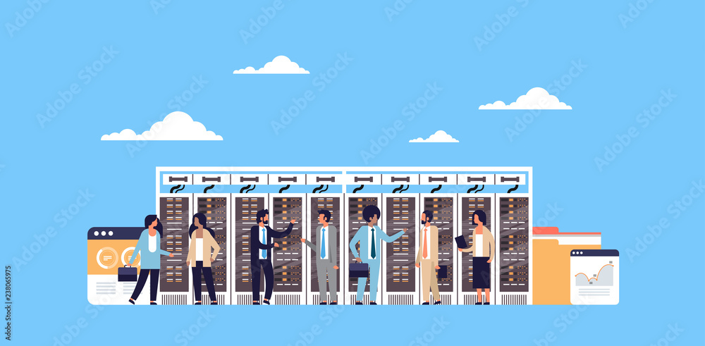 Poster people working data center room hosting server computer monitoring information database graph diagra