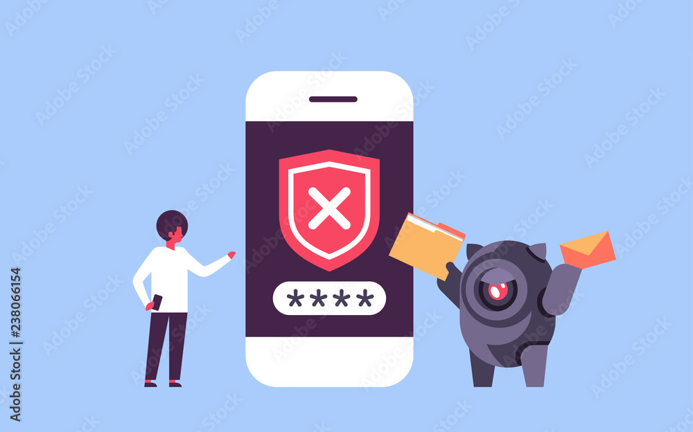 Poster african man incorrect password hacking bot smartphone verification mobile security app access concep