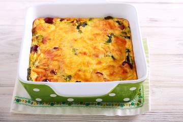 Savoy cabbage, sausages and cheese gratin