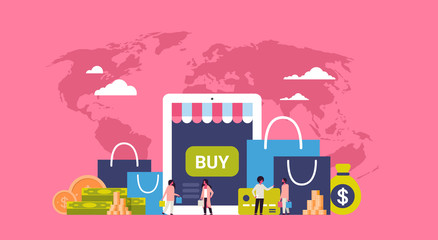 online shopping concept over paper packages money dollar mix race people stay together world map background flat banner