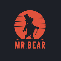 Silhouette, walk Bear, side view, walking, designed using grunge brush on sunset or sunrise black background, symbol, logo design inspiration