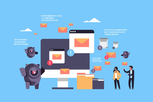 spam bot email spamming attack robot computer application internet spammer concept artificial intelligence flat horizontal