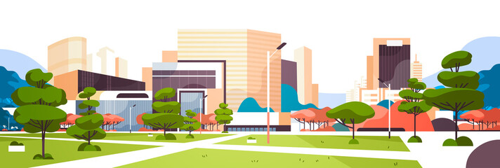 urban empty city park pathway skyscraper buildings view modern cityscape downtown horizontal banner flat © mast3r
