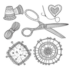 Vector illustration of needlework, sewing  tools.