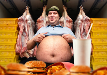 Happy fat man and fast food, overweight people