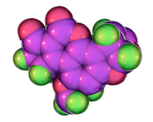 Aflatoxin B1 molecule, a toxin produced by fungi Aspergillus, a potent carcinogen, 3D illustration