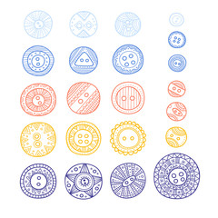 set of cloth buttons in different designs in boho style with ornament.