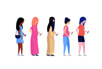 Obraz premium mix race pregnant woman profile isolated using smartphone female diversity cartoon character full length flat