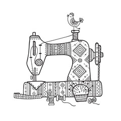 Vector illustration of sewing machine in boho style with ornament.