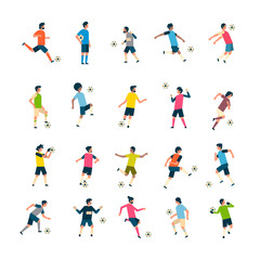 Fototapeta na wymiar set football players kick ball diversity poses isolated sport championship flat full length character