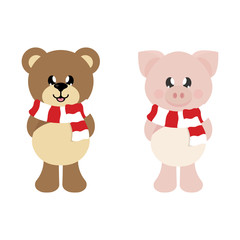 winter christmas cartoon bear with scarf and cartoon christmas pig