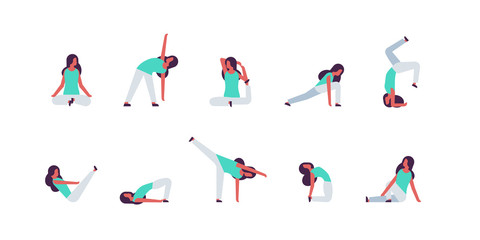 Fototapeta na wymiar set woman doing yoga exercises female cartoon character fitness activities isolated diversity poses healthy lifestyle concept full length flat horizontal