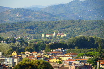 Fototapeta na wymiar Landscape view of the rooftops in Lucca, a historic city in Tuscany, Central Italy, seen from the top of the landmark Torre Guinigi tower
