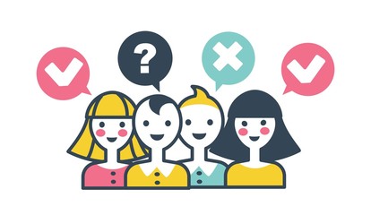 Voters with thoughts questions and ideas in bubbles