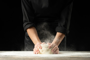 A professional cook in a professional kitchen prepares flour dough to make bio-italian pasta. concept of nature, italy, food, diet and bio.Frost in the air