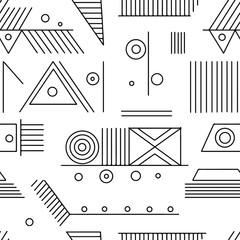 Geometric vector seamless pattern with different geometrical forms. Square, triangle, rectangle, lines. Modern techno design. Abstract background. Graphic black and white Illustration