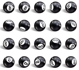 Eight Ball. Set of realistic 8 ball. Isolated on a white background. Vector illustration billiards.