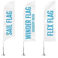 White textile sail, winder and flex banner flags. Banner flag mockups set. Set of vector advertising mockups. - obrazy, fototapety, plakaty